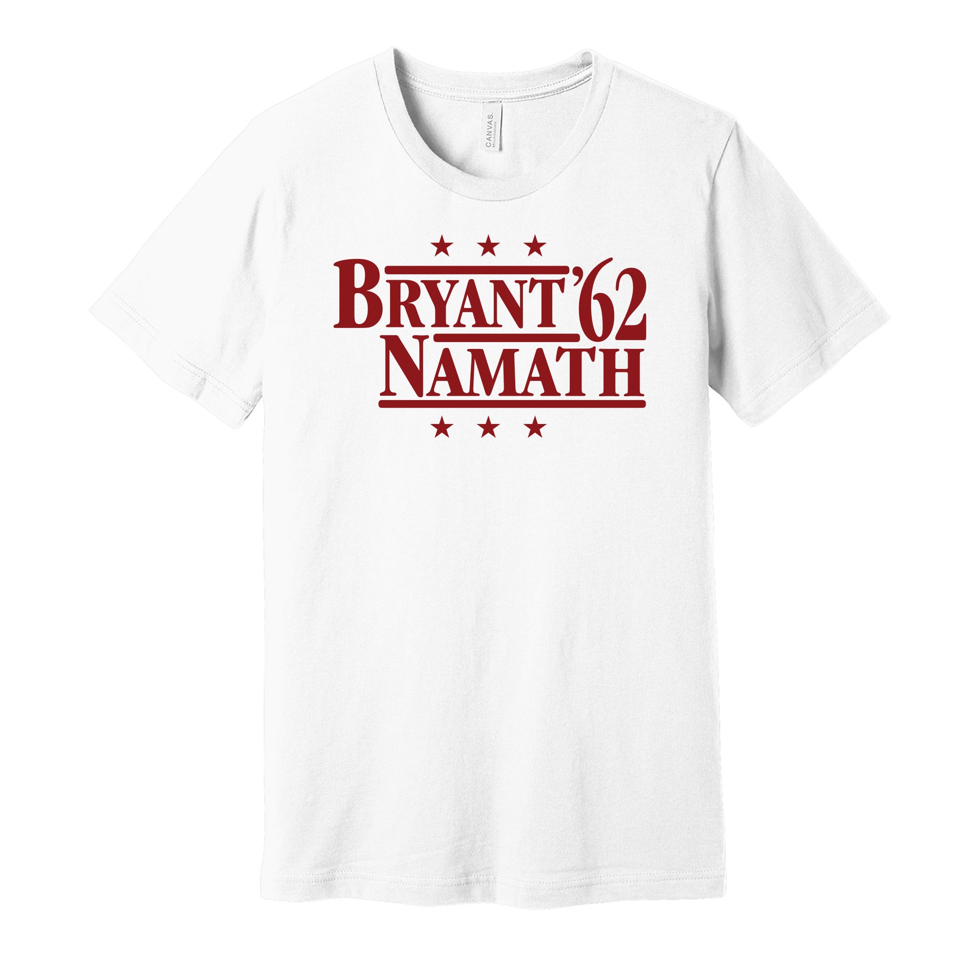 Alabama Crimson Tide retro political campaign parody white t-shirt featuring Bear Bryant and Joe Namath '62, designed in a vintage election style by Hyper Than Hype Shirts.