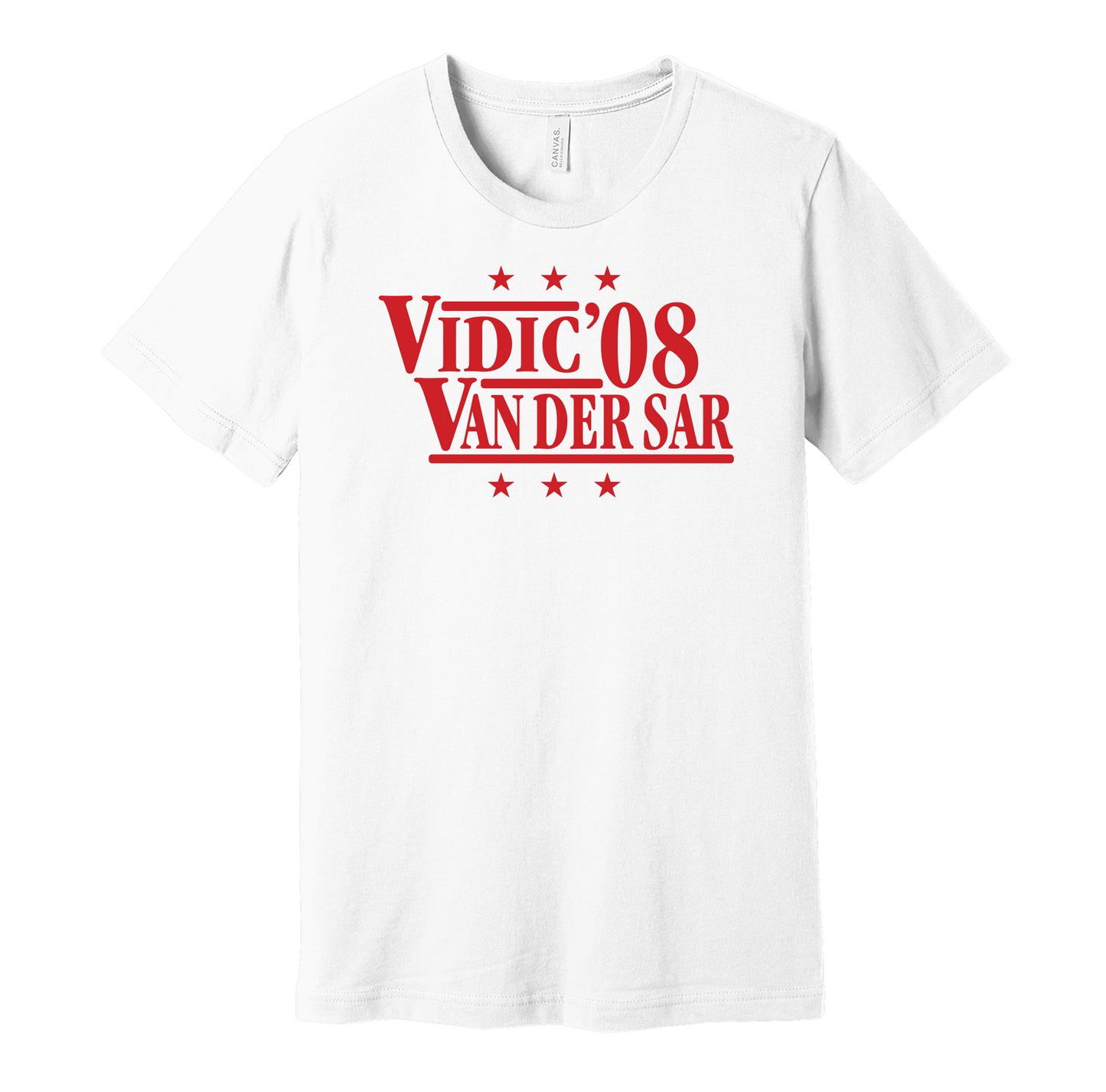 Manchester United retro political campaign parody white t-shirt featuring Nemanja Vidic and Edwin van der Sar '08, designed in a vintage election style by Hyper Than Hype Shirts.