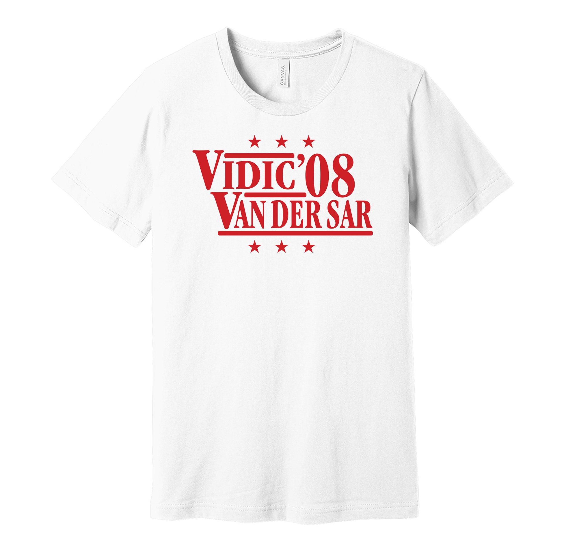 Manchester United retro political campaign parody white t-shirt featuring Nemanja Vidic and Edwin van der Sar '08, designed in a vintage election style by Hyper Than Hype Shirts.