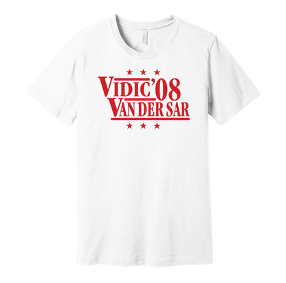 Manchester United retro political campaign parody white t-shirt featuring Nemanja Vidic and Edwin van der Sar '08, designed in a vintage election style by Hyper Than Hype Shirts.