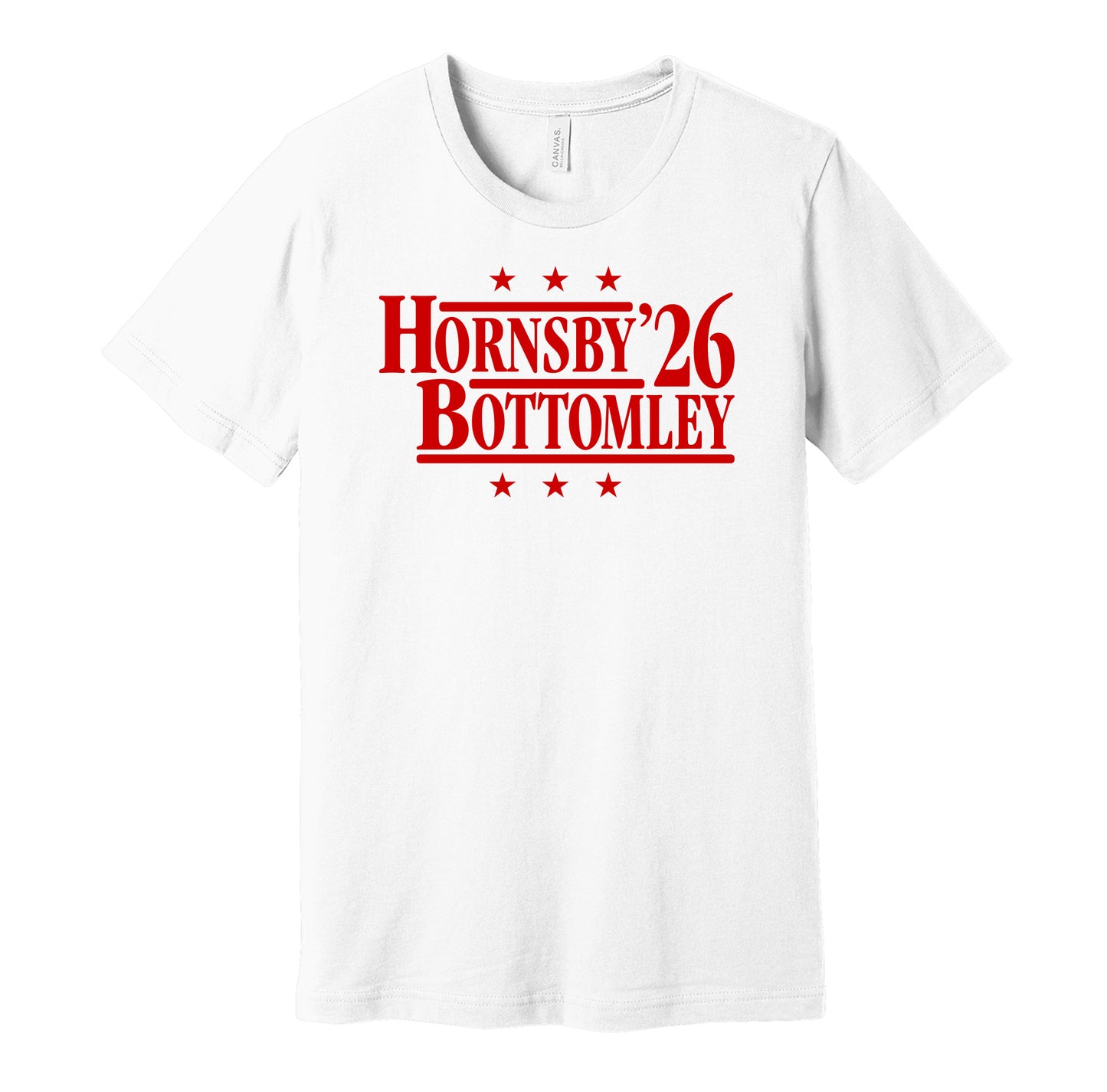 St. Louis Cardinals retro political campaign parody white t-shirt featuring Rogers Hornsby and Jim Bottomley '26, designed in a vintage election style by Hyper Than Hype Shirts.