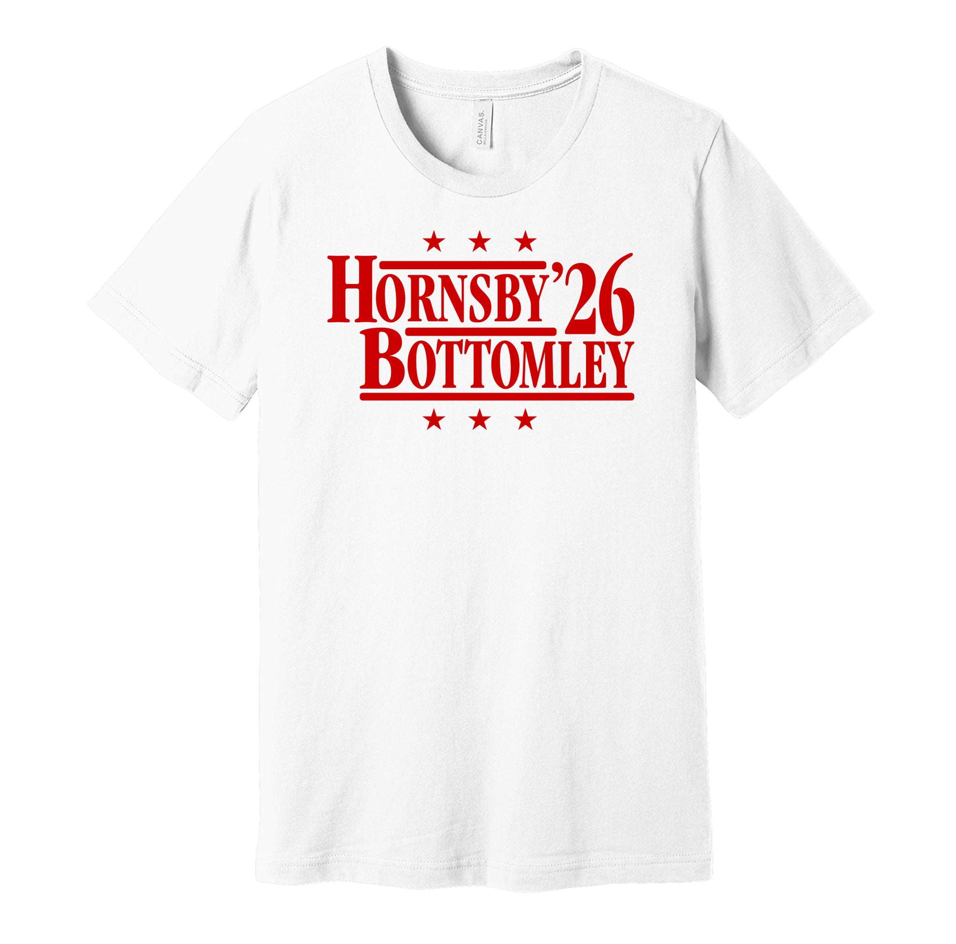 St. Louis Cardinals retro political campaign parody white t-shirt featuring Rogers Hornsby and Jim Bottomley '26, designed in a vintage election style by Hyper Than Hype Shirts.