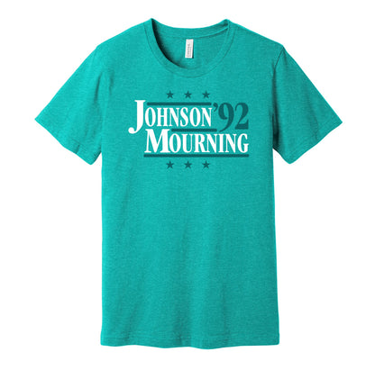 Charlotte Hornets retro political campaign teal t-shirt featuring Larry Johnson and Alonzo Mourning '92, designed in a vintage election style by Hyper Than Hype Shirts.