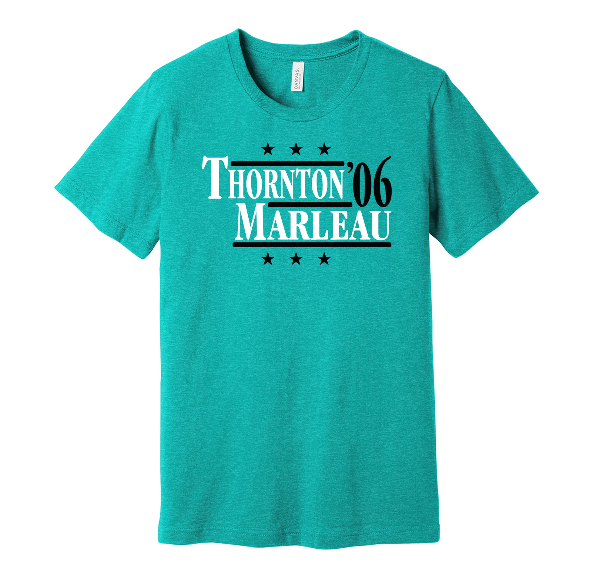 San Jose Sharks retro political campaign parody teal t-shirt featuring Joe Thornton and Patrick Marleau '06, designed in a vintage election style by Hyper Than Hype Shirts.