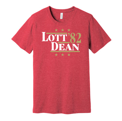 San Francisco 49ers retro political campaign parody red t-shirt featuring Ronnie Lott and Fred Dean '82, designed in a vintage election style by Hyper Than Hype Shirts.