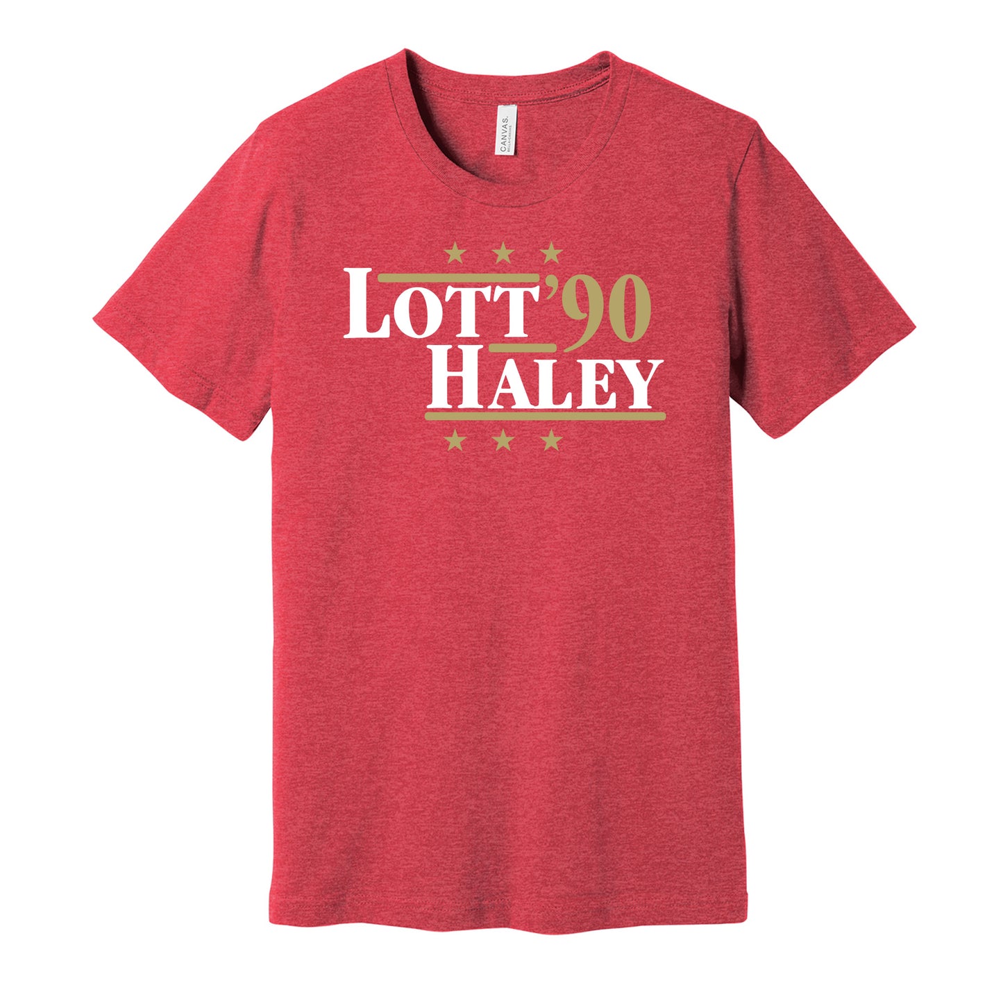 San Francisco 49ers retro political campaign parody red t-shirt featuring Ronnie Lott and Charles Haley '90, designed in a vintage election style by Hyper Than Hype Shirts.