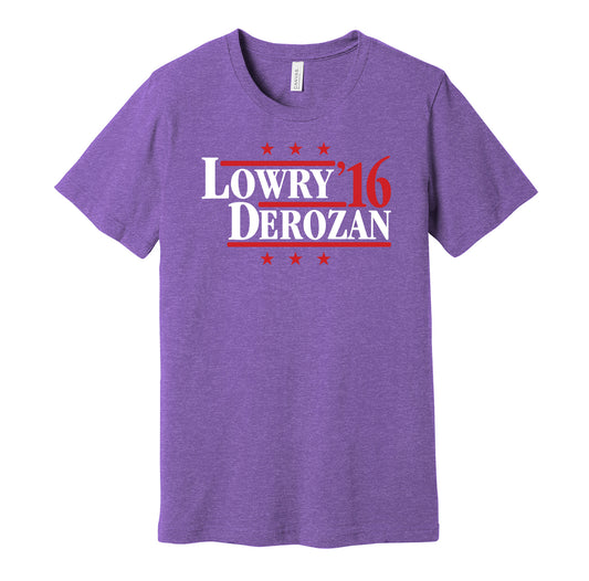 Toronto Raptors retro political campaign parody purple t-shirt featuring Kyle Lowry and DeMar DeRozan '16, designed in a vintage election style by Hyper Than Hype Shirts.