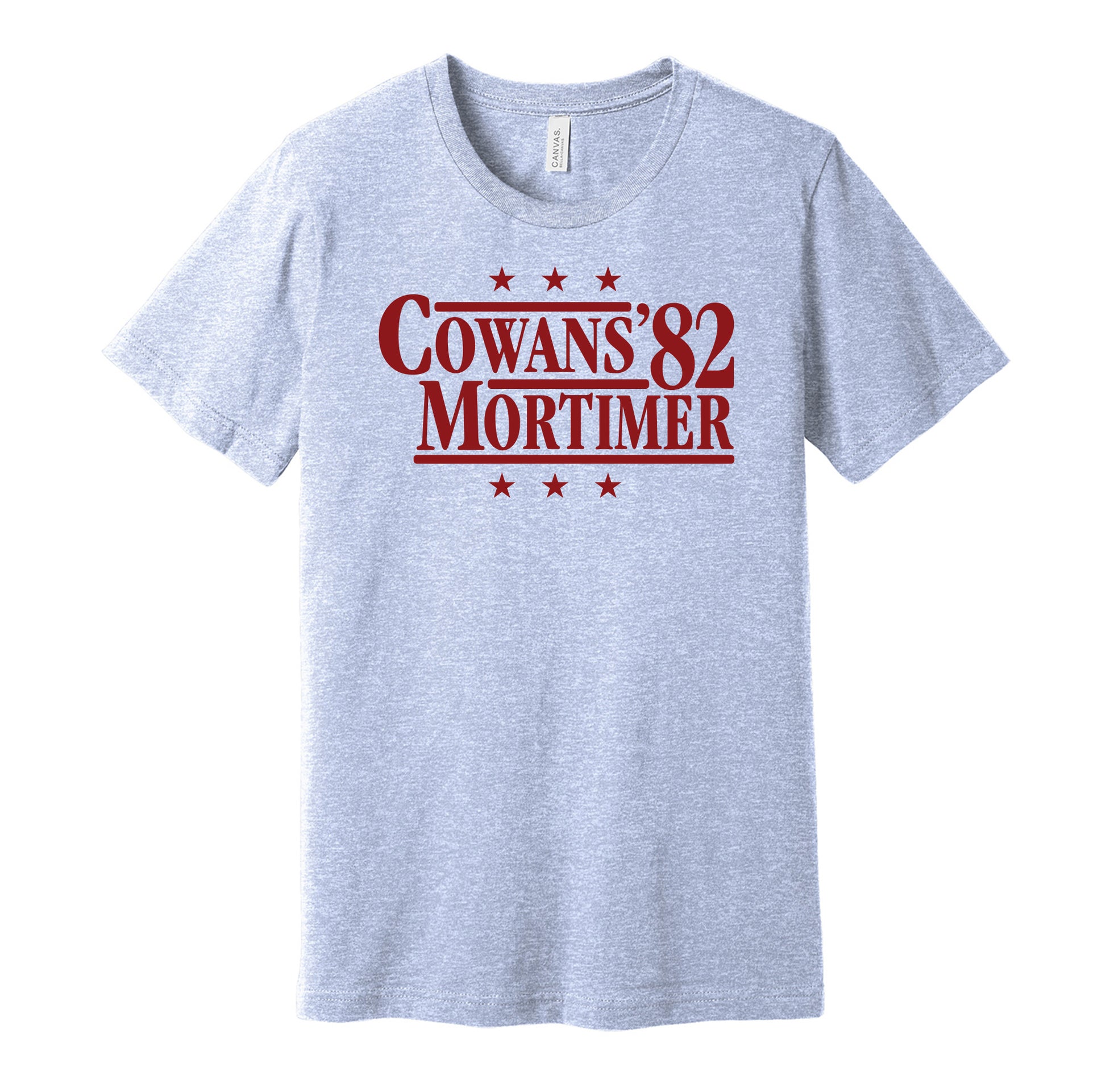 Aston Villa retro political campaign parody blue t-shirt featuring Gordon Cowans and Dennis Mortimer '82, designed in a vintage election style by Hyper Than Hype Shirts.
