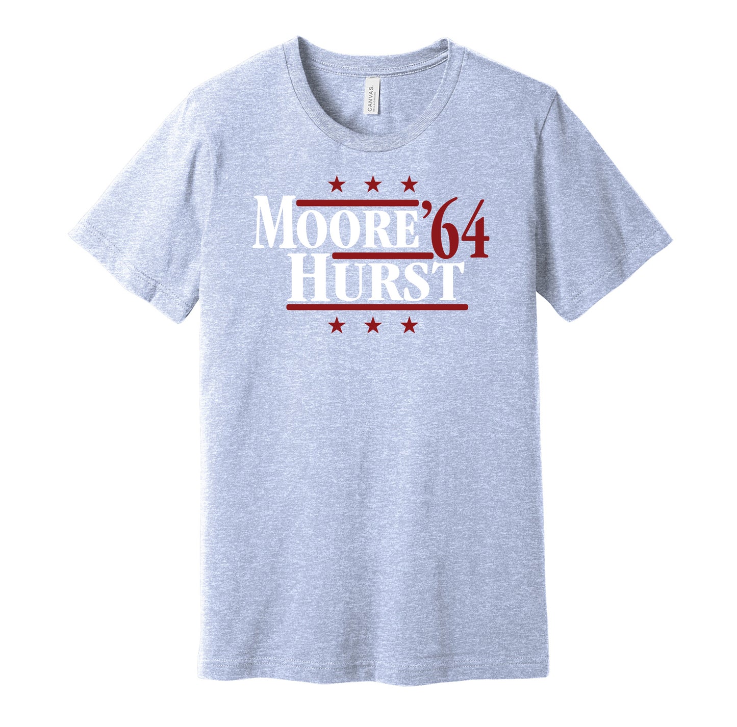 West Ham United retro political campaign parody blue t-shirt featuring Bobby Moore and Geoff Hurst '64, designed in a vintage election style by Hyper Than Hype Shirts.