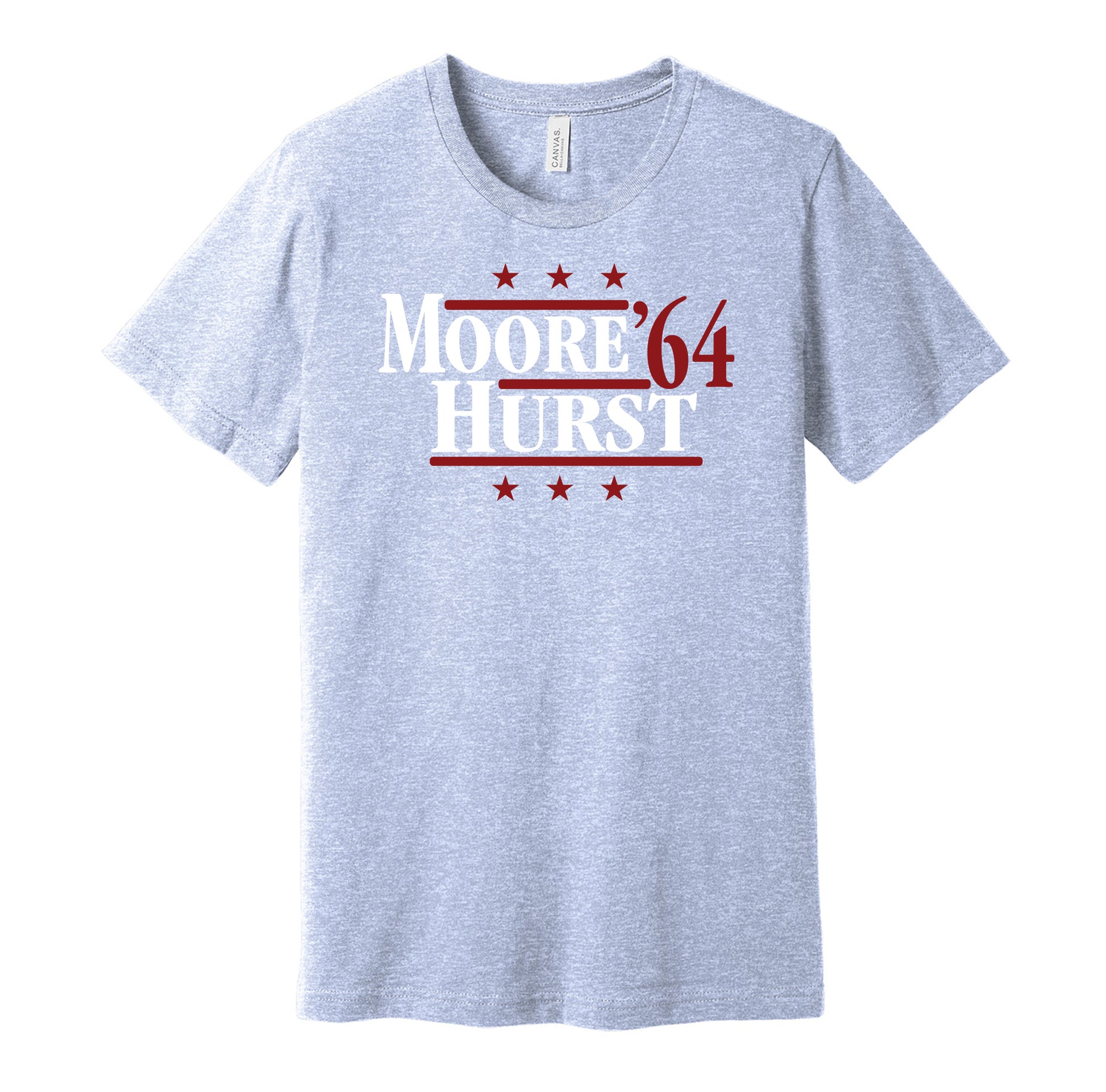West Ham United retro political campaign parody blue t-shirt featuring Bobby Moore and Geoff Hurst '64, designed in a vintage election style by Hyper Than Hype Shirts.