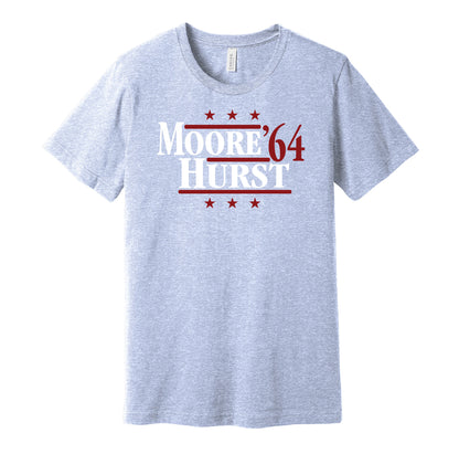 West Ham United retro political campaign parody blue t-shirt featuring Bobby Moore and Geoff Hurst '64, designed in a vintage election style by Hyper Than Hype Shirts.