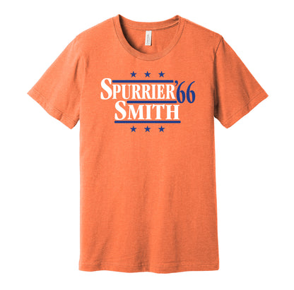 Florida Gators retro political campaign parody orange t-shirt featuring Steve Spurrier and Larry Smith '66, designed in a vintage election style by Hyper Than Hype Shirts.