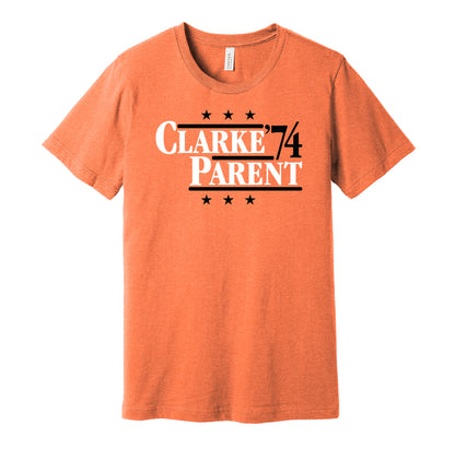 Philadelphia Flyers retro political campaign parody orange t-shirt featuring Bobby Clarke and Bernie Parent '74, designed in a vintage election style by Hyper Than Hype Shirts.