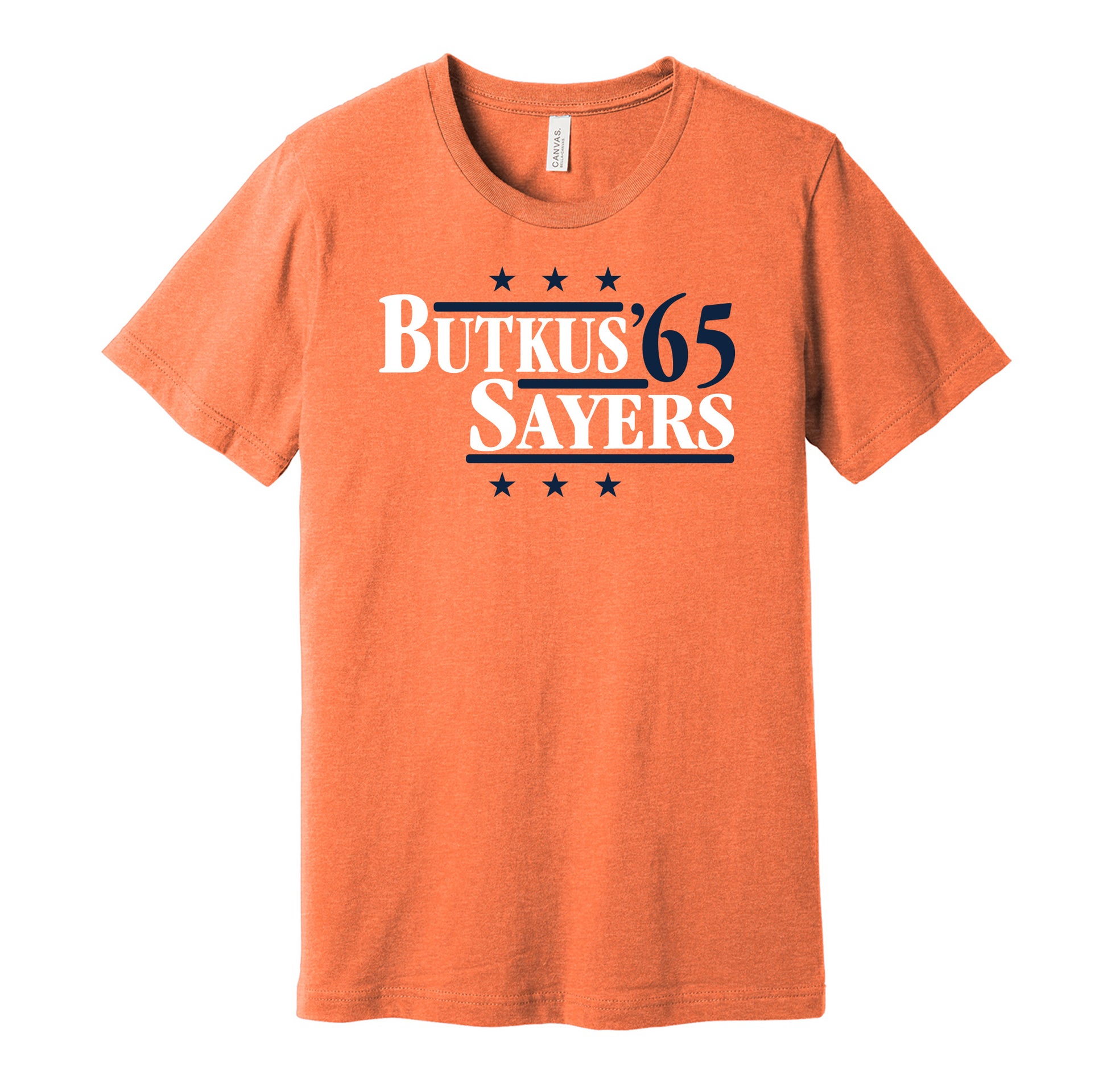 Chicago Bears retro political campaign parody orange t-shirt featuring Gale Sayers and Dick Butkus '65, designed in a vintage election style by Hyper Than Hype Shirts.