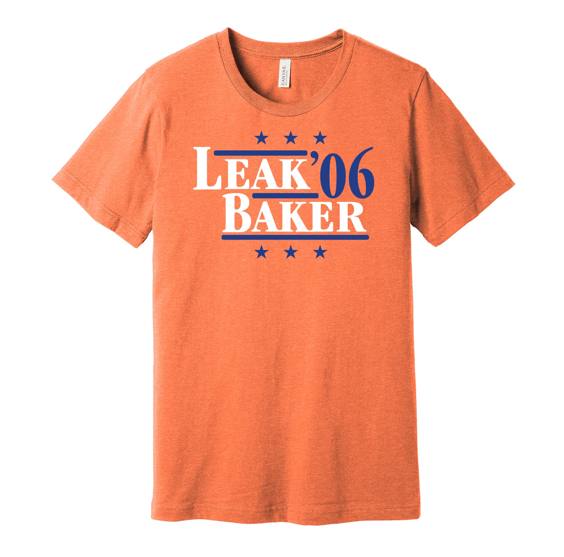Florida Gators retro political campaign parody orange t-shirt featuring Chris Leak and Dallas Baker '06, designed in a vintage election style by Hyper Than Hype Shirts.