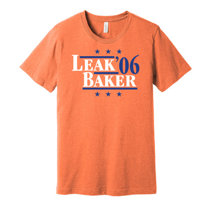 Florida Gators retro political campaign parody orange t-shirt featuring Chris Leak and Dallas Baker '06, designed in a vintage election style by Hyper Than Hype Shirts.