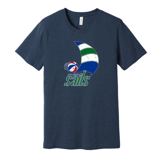 San Diego Sails vintage distressed logo navy t-shirt featuring the classic ABA basketball team logo in a retro worn style by Hyper Than Hype Shirts.