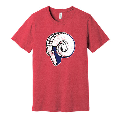 Cleveland Rams vintage distressed logo red t-shirt featuring the classic 1940s NFL football team logo in a retro worn style by Hyper Than Hype Shirts.