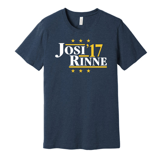 Nashville Predators retro political campaign parody navy t-shirt featuring Roman Josi and Pekka Rinne '17, designed in a vintage election style by Hyper Than Hype Shirts.