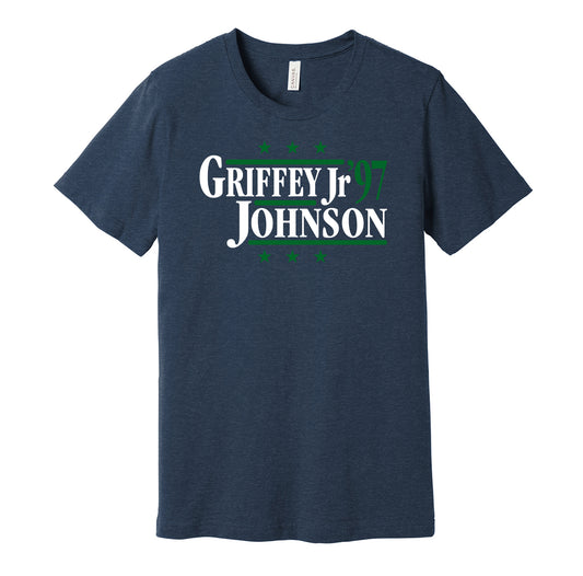 Seattle Mariners retro political campaign parody navy t-shirt featuring Ken Griffey Jr. and Randy Johnson '97, designed in a vintage election style by Hyper Than Hype Shirts.