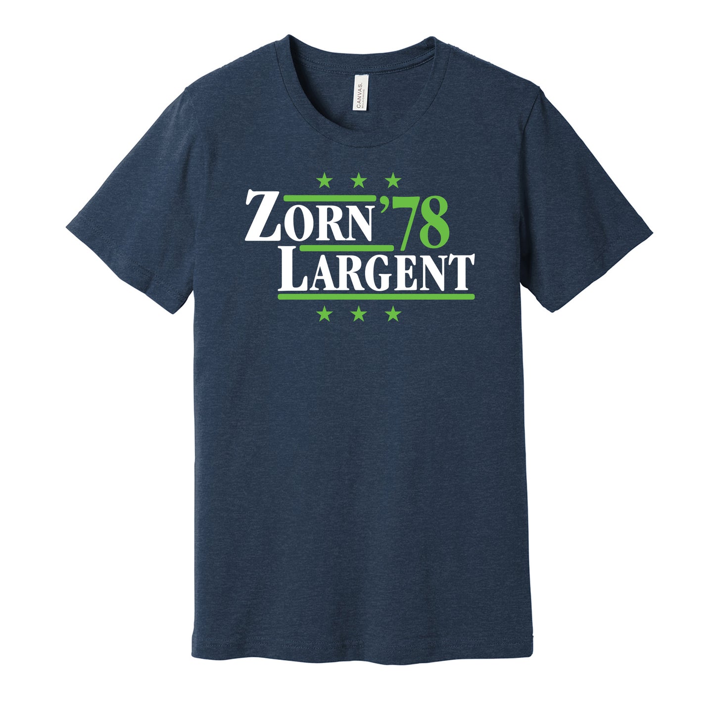Seattle Seahawks retro political campaign parody navy t-shirt featuring Jim Zorn and Steve Largent '78, designed in a vintage election style by Hyper Than Hype Shirts.