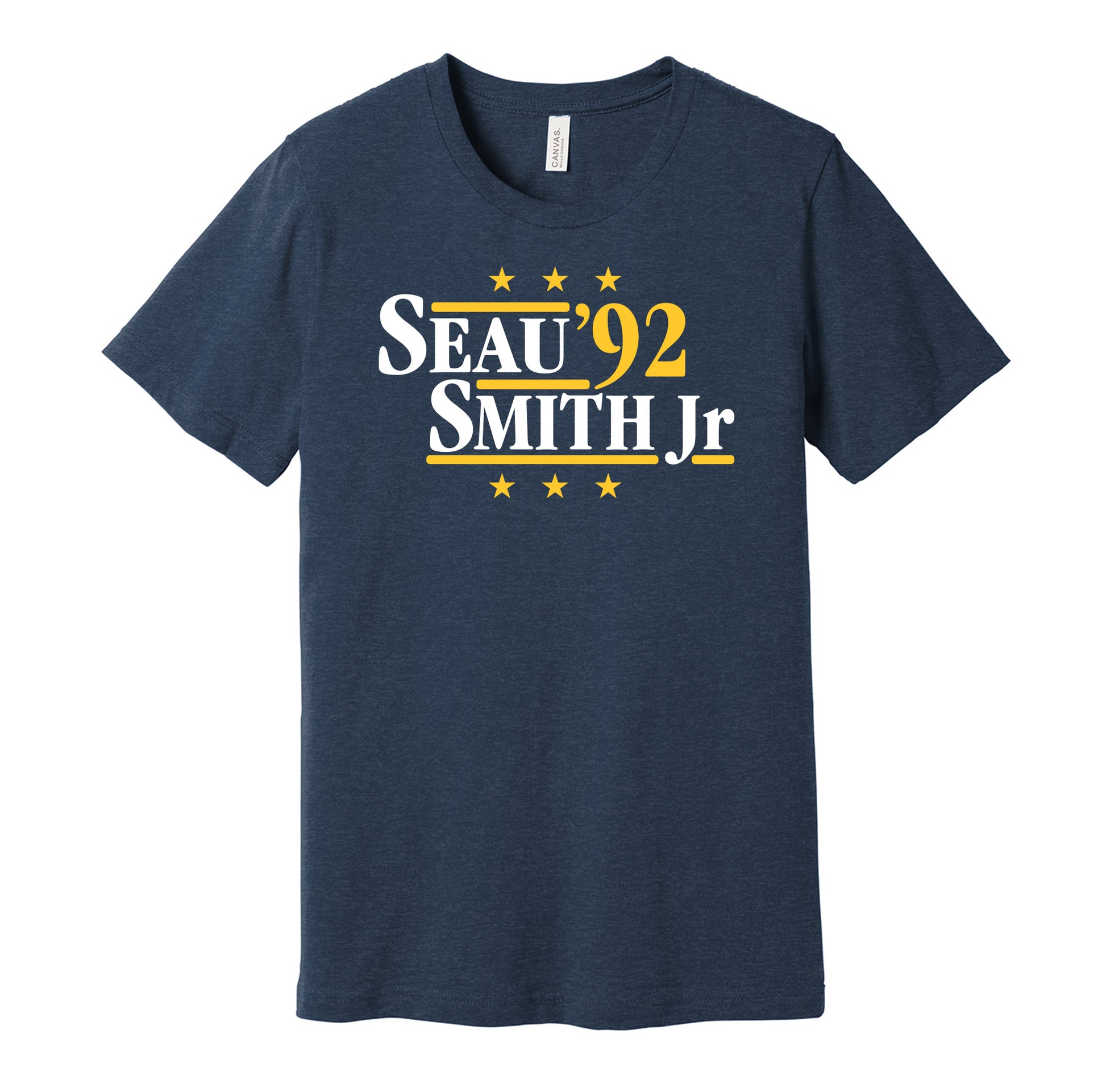 Los Angeles Chargers retro political campaign parody navy t-shirt featuring Junior Seau and Smith Jr '92, designed in a vintage election style by Hyper Than Hype Shirts.