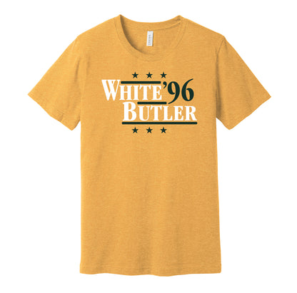 Green Bay Packers retro political campaign parody gold t-shirt featuring Reggie White and LeRoy Butler '96, designed in a vintage election style by Hyper Than Hype Shirts.