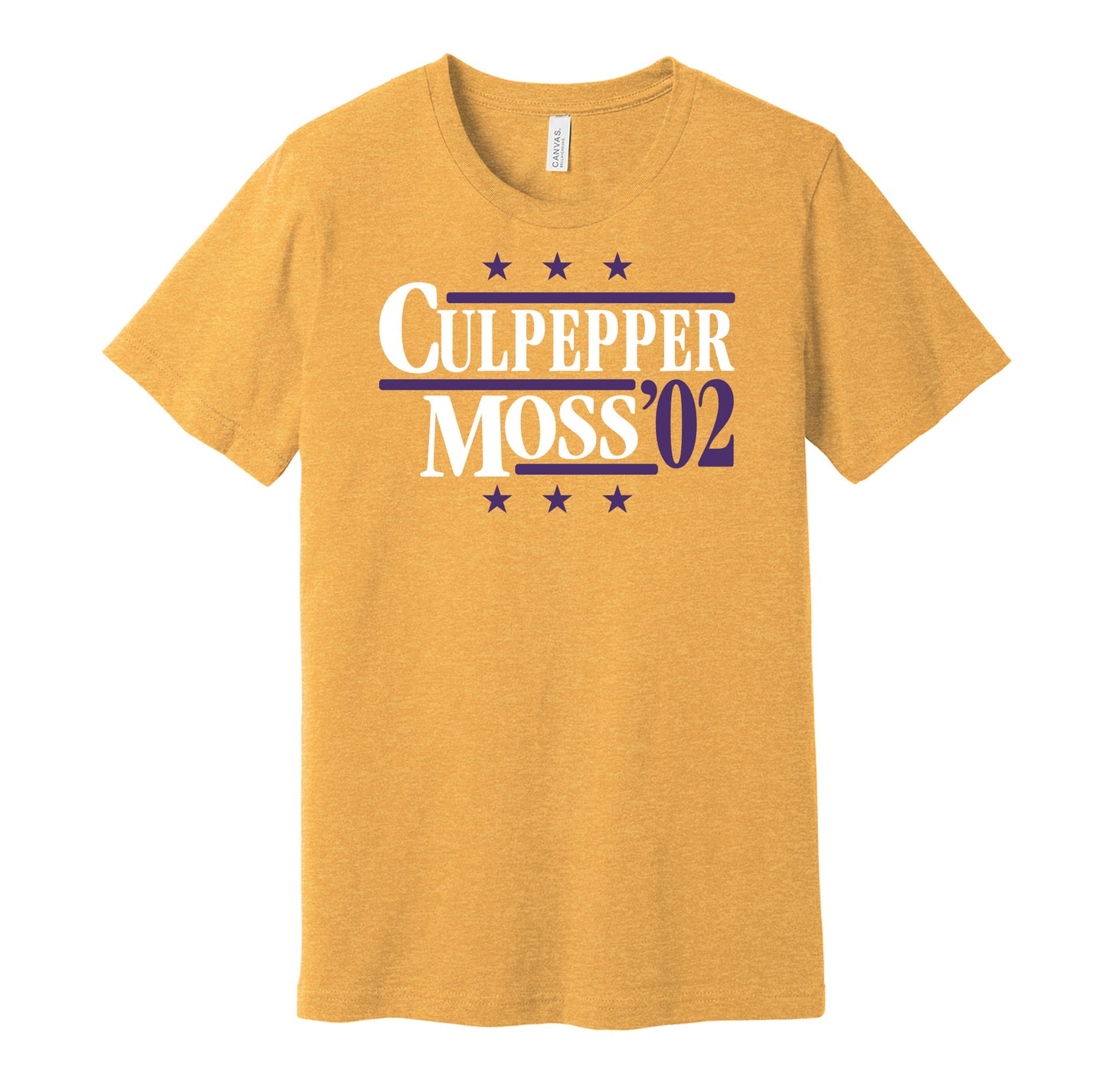 Minnesota Vikings retro political campaign parody gold t-shirt featuring Daunte Culpepper and Randy Moss '02, designed in a vintage election style by Hyper Than Hype Shirts.