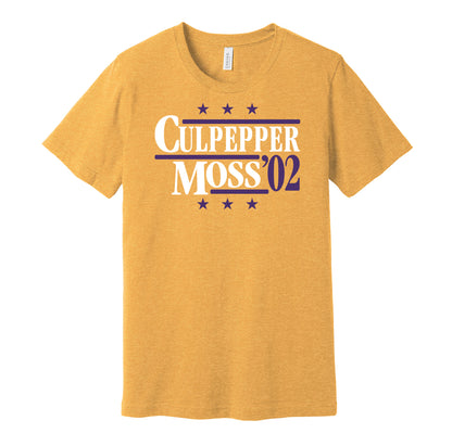 Minnesota Vikings retro political campaign parody gold t-shirt featuring Daunte Culpepper and Randy Moss '02, designed in a vintage election style by Hyper Than Hype Shirts.