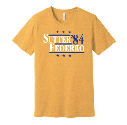 St. Louis Blues retro political campaign parody gold t-shirt featuring Brian Sutter and Bernie Federko '84, designed in a vintage election style by Hyper Than Hype Shirts.