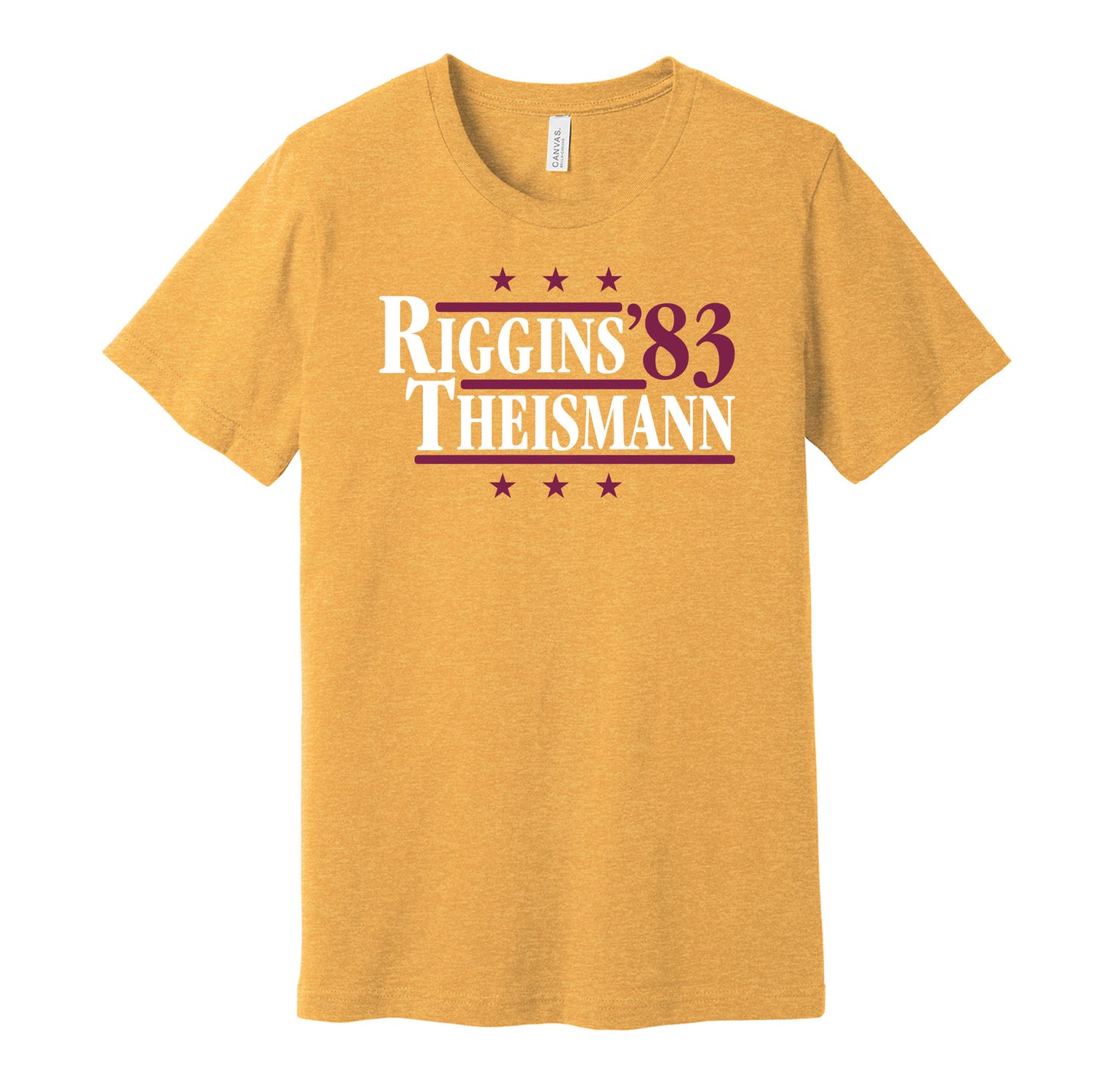Washington Commanders retro political campaign parody gold t-shirt featuring John Riggins and Joe Theismann '83, designed in a vintage election style by Hyper Than Hype Shirts.