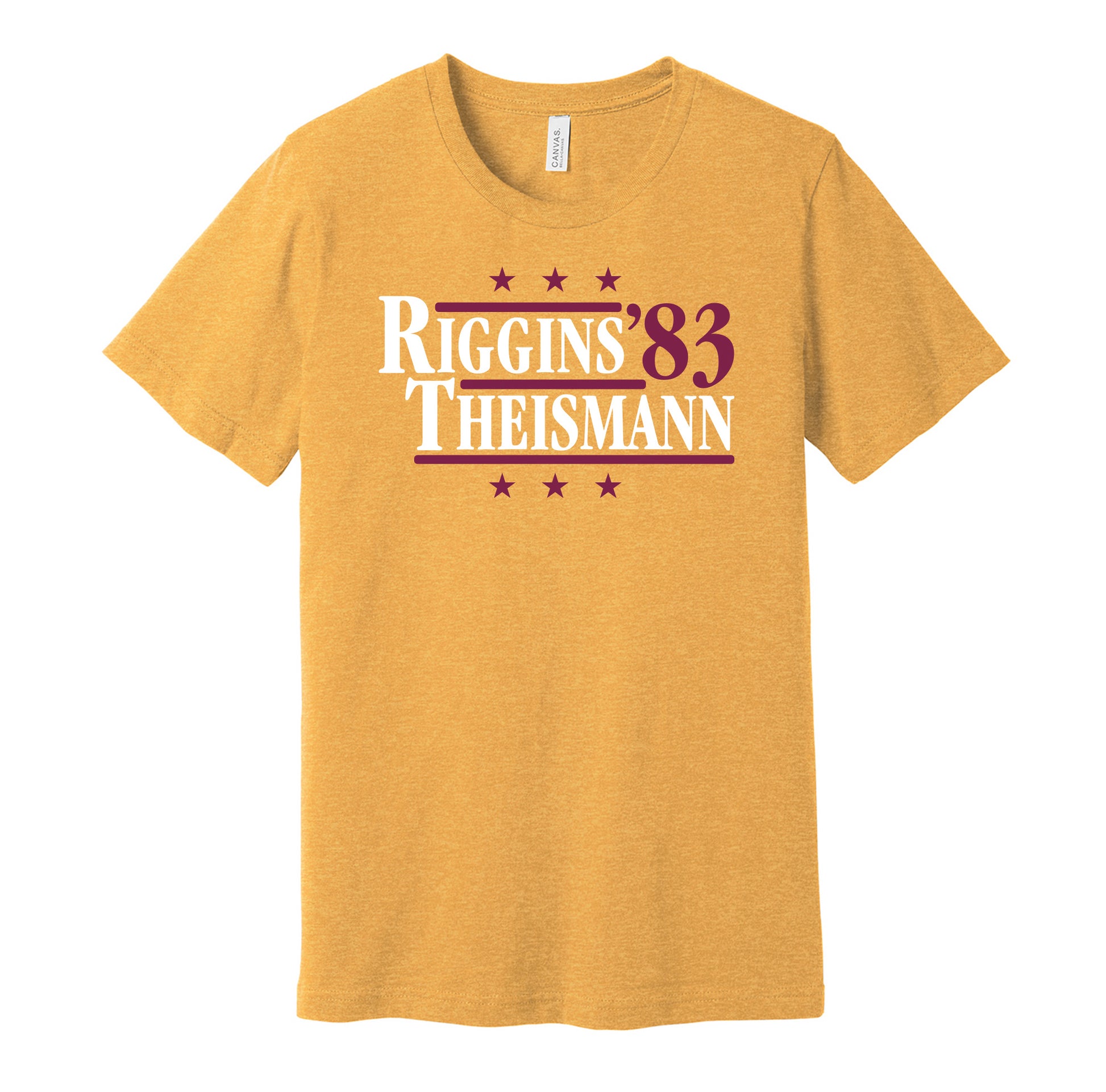 Washington Commanders retro political campaign parody gold t-shirt featuring John Riggins and Joe Theismann '83, designed in a vintage election style by Hyper Than Hype Shirts.