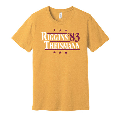 Washington Commanders retro political campaign parody gold t-shirt featuring John Riggins and Joe Theismann '83, designed in a vintage election style by Hyper Than Hype Shirts.