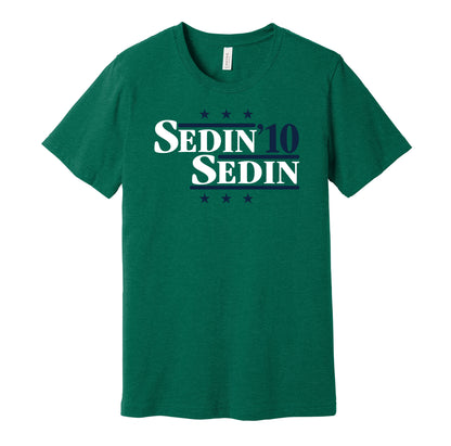Vancouver Canucks retro political campaign parody green t-shirt featuring Henrik Sedin and Daniel Sedin '10, designed in a vintage election style by Hyper Than Hype Shirts.