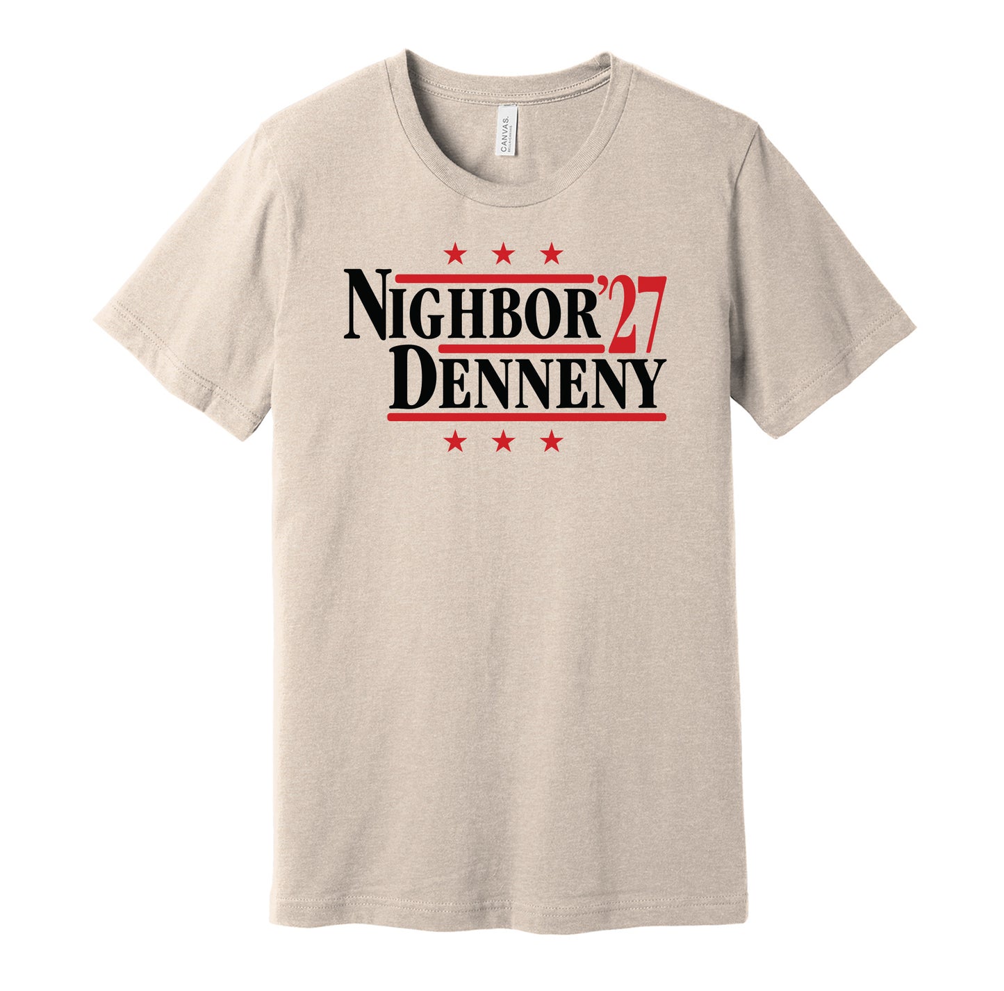Ottawa Senators retro political campaign parody gold t-shirt featuring Frank Nighbor and Cy Denneny '27, designed in a vintage election style by Hyper Than Hype Shirts.