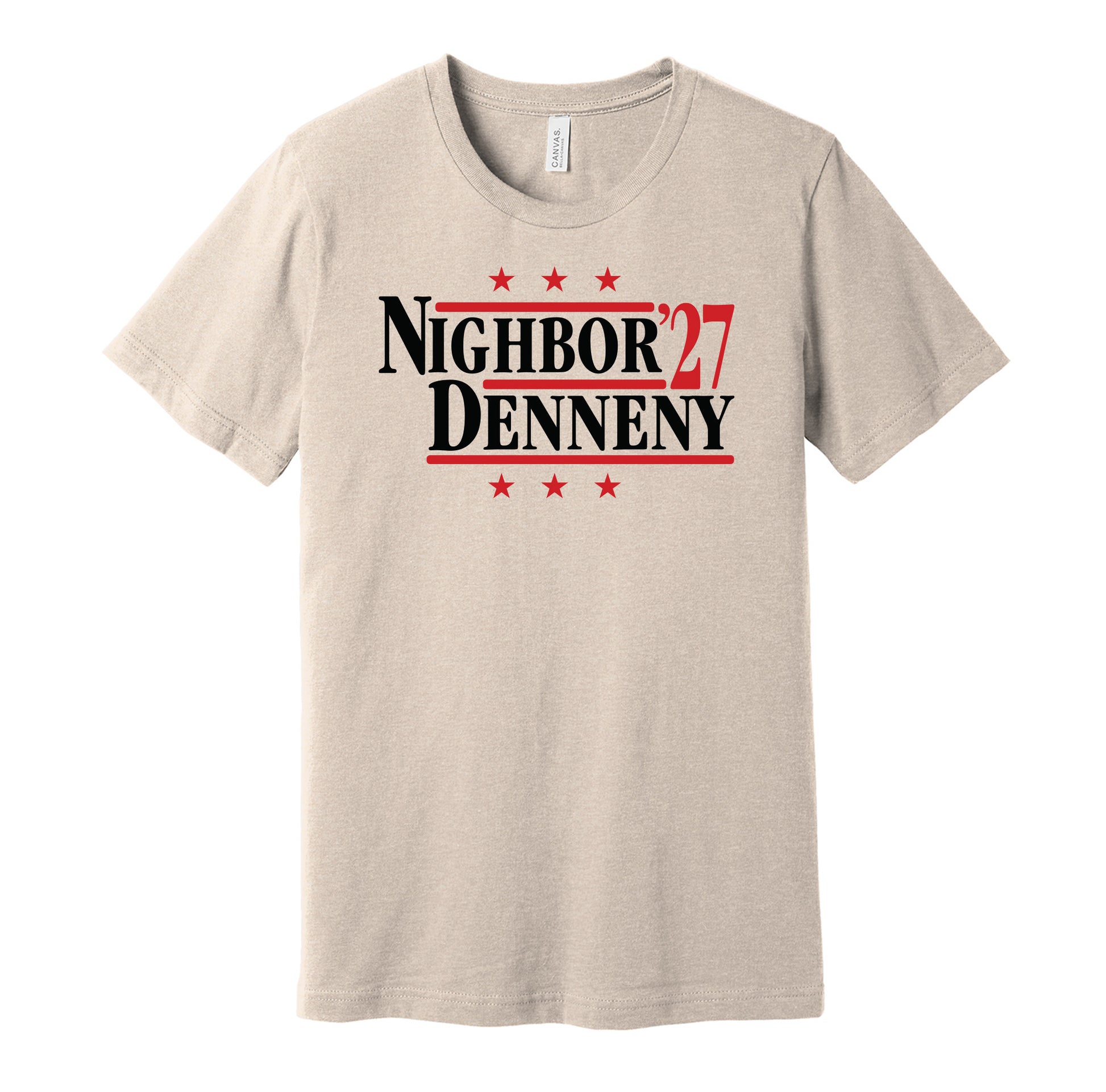 Ottawa Senators retro political campaign parody gold t-shirt featuring Frank Nighbor and Cy Denneny '27, designed in a vintage election style by Hyper Than Hype Shirts.