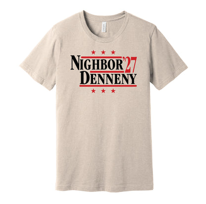 Ottawa Senators retro political campaign parody gold t-shirt featuring Frank Nighbor and Cy Denneny '27, designed in a vintage election style by Hyper Than Hype Shirts.
