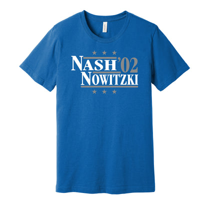 Dallas Mavericks retro political campaign blue t-shirt featuring Steve Nash and Dirk Nowitzki '02, designed in a vintage election style by Hyper Than Hype Shirts.
