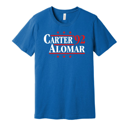 Toronto Blue Jays retro political campaign parody blue t-shirt featuring Joe Carter and Roberto Alomar '92, designed in a vintage election style by Hyper Than Hype Shirts.