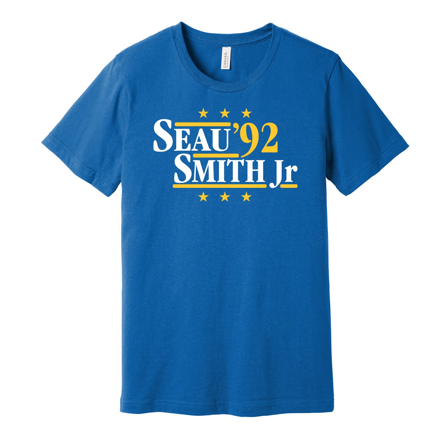 Los Angeles Chargers retro political campaign parody blue t-shirt featuring Junior Seau and Smith Jr '92, designed in a vintage election style by Hyper Than Hype Shirts.