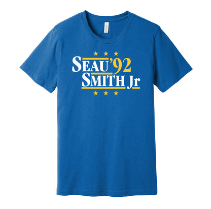 Los Angeles Chargers retro political campaign parody blue t-shirt featuring Junior Seau and Smith Jr '92, designed in a vintage election style by Hyper Than Hype Shirts.