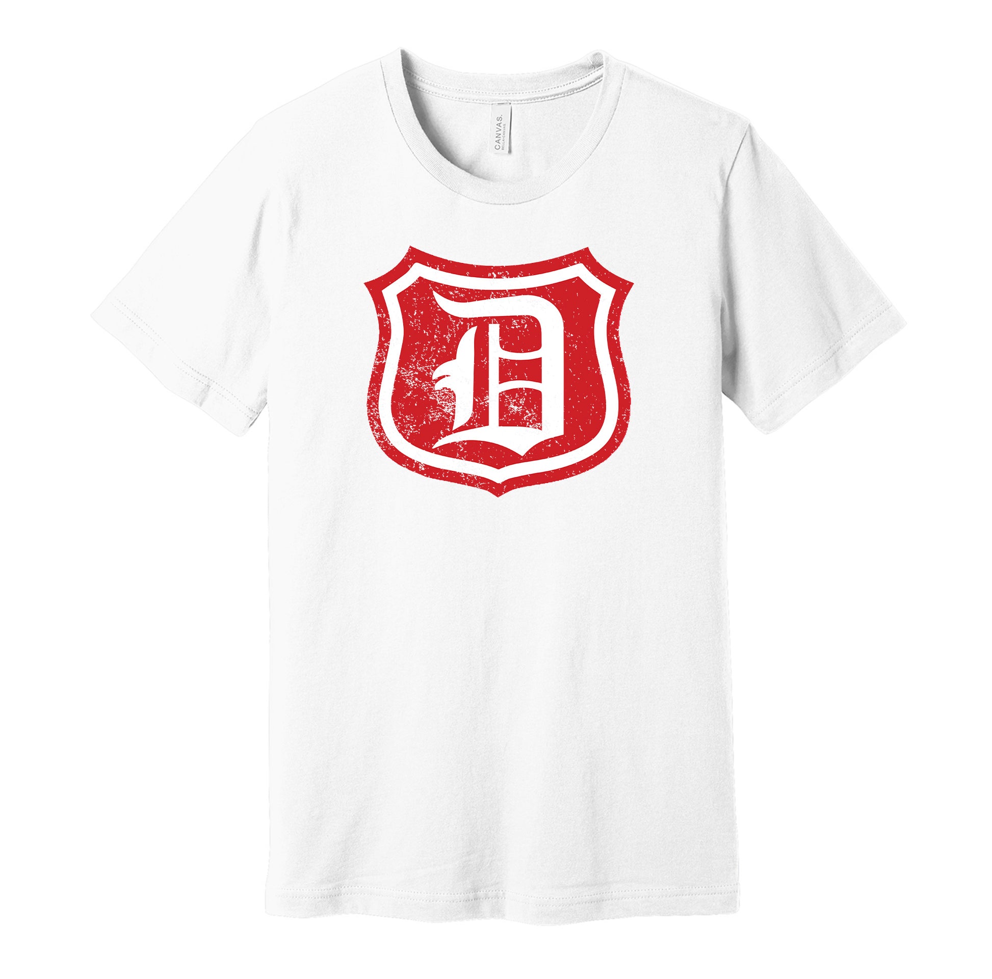 Detroit Cougars vintage distressed shield logo white t-shirt featuring the classic 1920s NHL hockey team logo in a retro worn style by Hyper Than Hype Shirts.