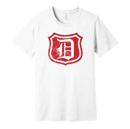 Detroit Cougars vintage distressed shield logo white t-shirt featuring the classic 1920s NHL hockey team logo in a retro worn style by Hyper Than Hype Shirts.