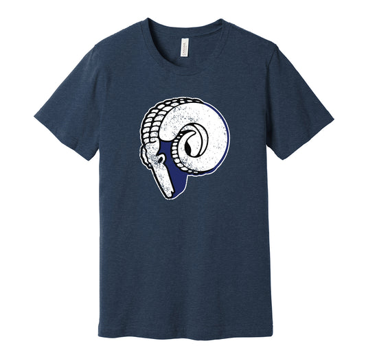 Cleveland Rams vintage distressed logo navy t-shirt featuring the classic 1940s NFL football team logo in a retro worn style by Hyper Than Hype Shirts.