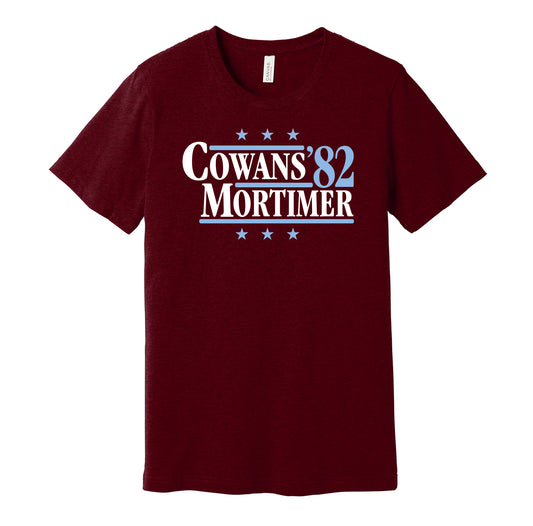 Aston Villa retro political campaign parody claret t-shirt featuring Gordon Cowans and Dennis Mortimer '82, designed in a vintage election style by Hyper Than Hype Shirts.