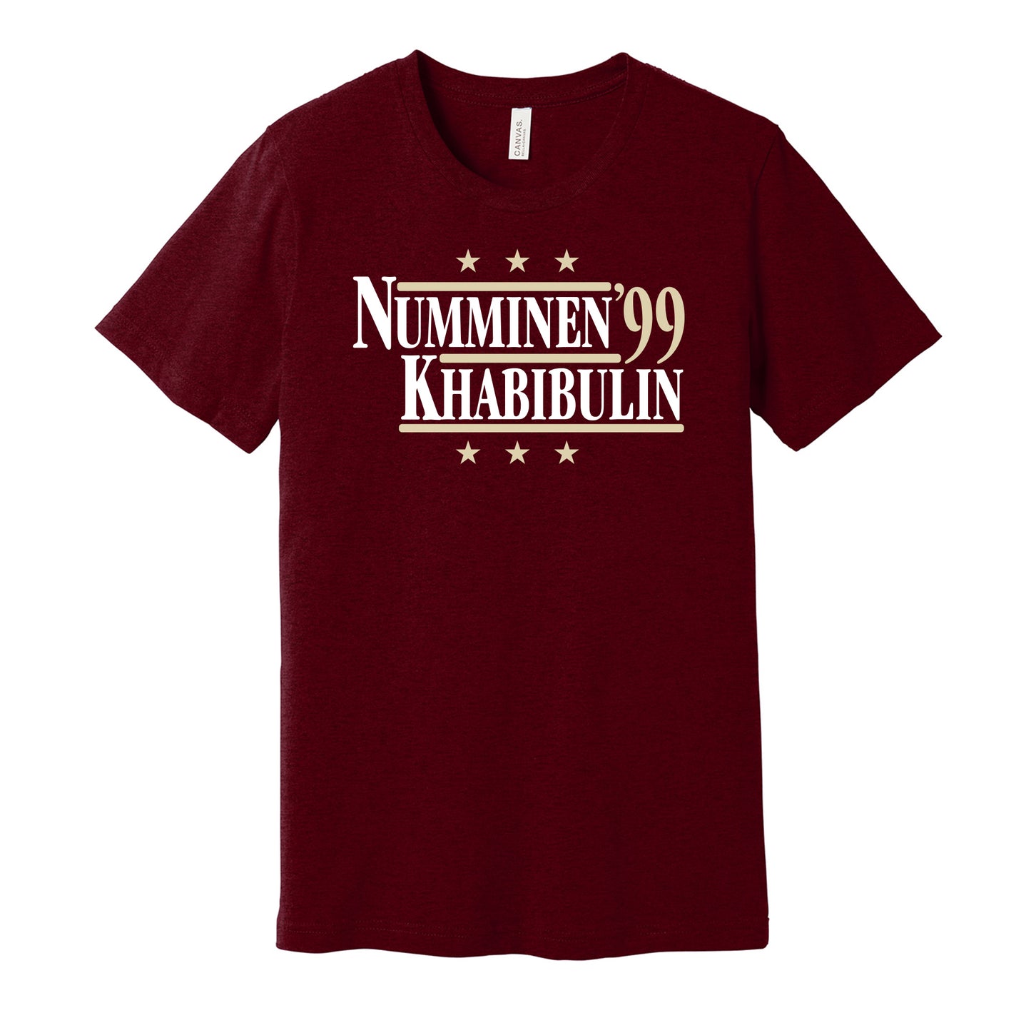 Phoenix Coyotes retro political campaign parody red t-shirt featuring Teppo Numminen and Nikolai Khabibulin '99, designed in a vintage election style by Hyper Than Hype Shirts.