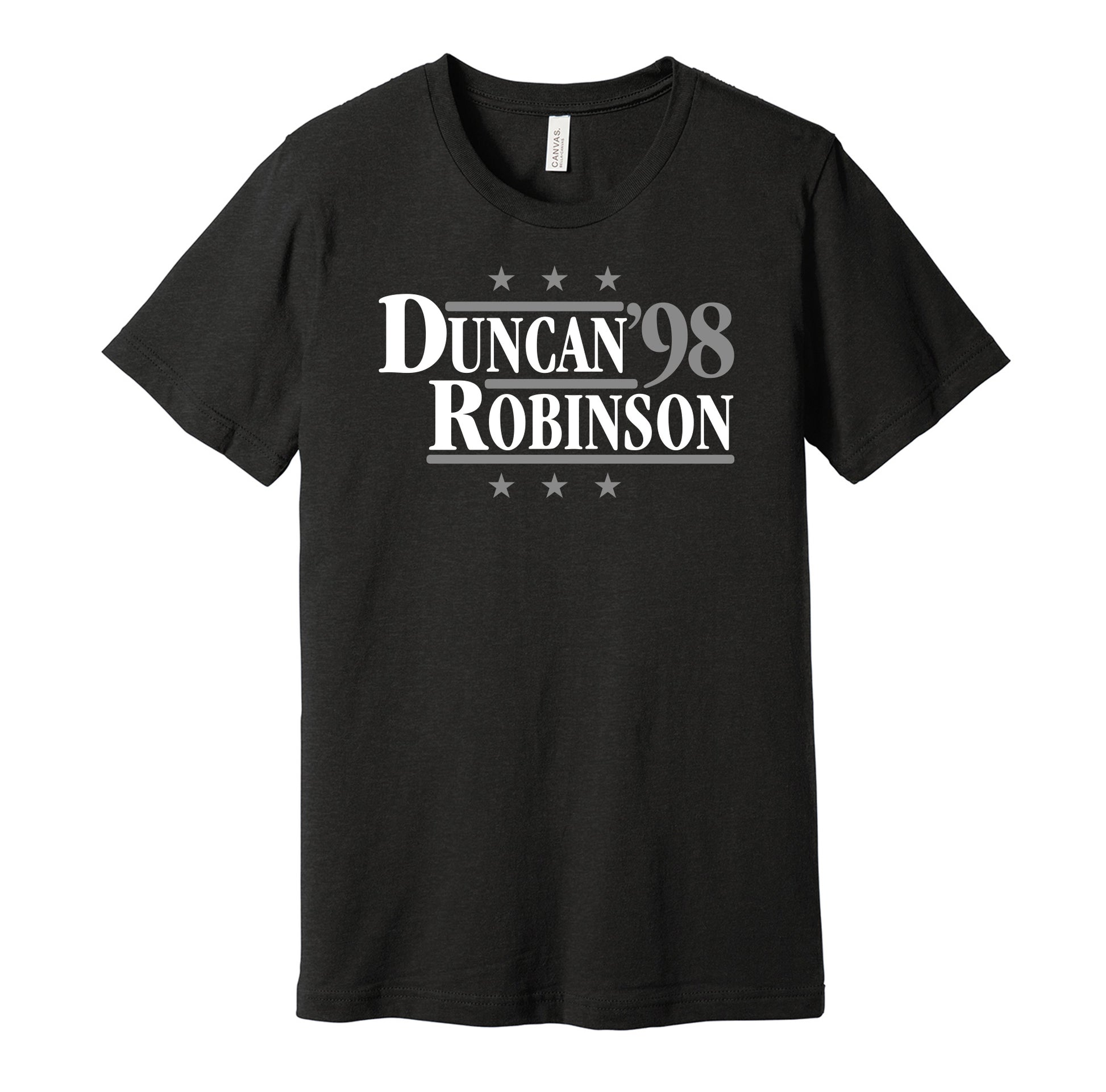 San Antonio Spurs retro political campaign black t-shirt featuring Tim Duncan and David Robinson '98, designed in a vintage election style by Hyper Than Hype Shirts.