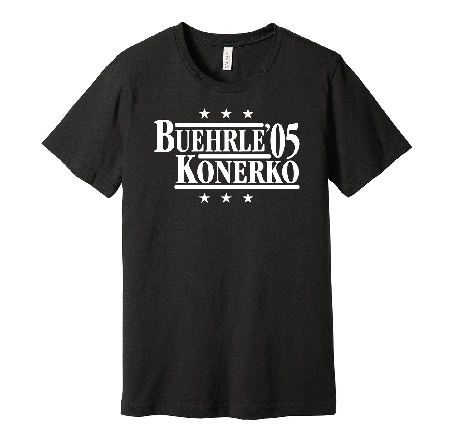 Chicago White Sox retro political campaign parody black t-shirt featuring Mark Buehrle and Paul Konerko '05, designed in a vintage election style by Hyper Than Hype Shirts.