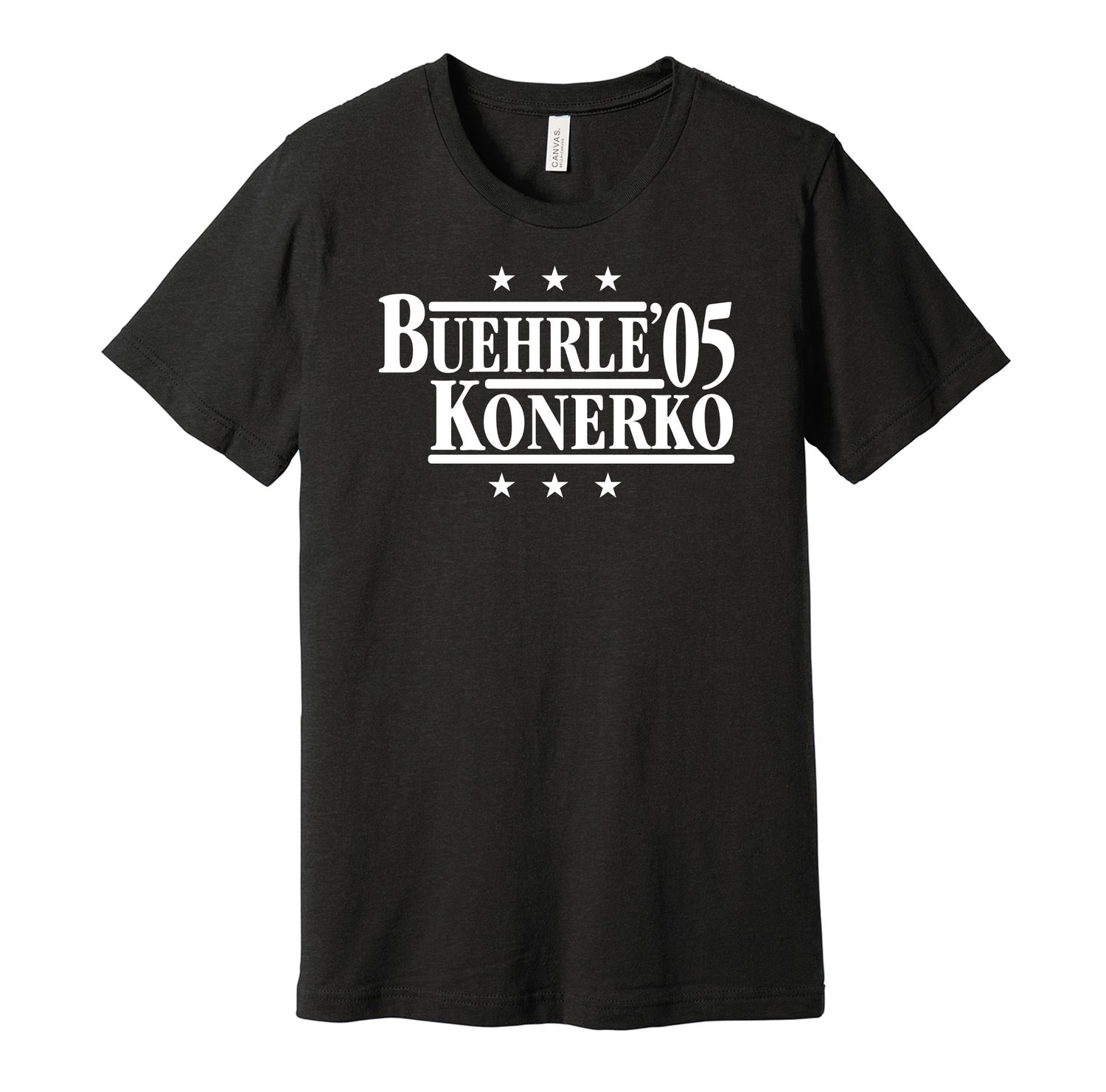 Chicago White Sox retro political campaign parody black t-shirt featuring Mark Buehrle and Paul Konerko '05, designed in a vintage election style by Hyper Than Hype Shirts.