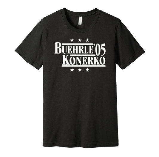 Chicago White Sox retro political campaign parody black t-shirt featuring Mark Buehrle and Paul Konerko '05, designed in a vintage election style by Hyper Than Hype Shirts.